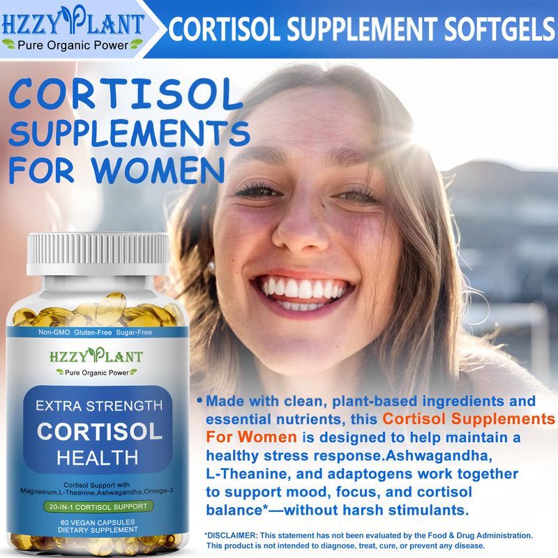 Cortisol Supplements for Women and Men Softgels with Phosphatidylserine Magnesium Ashwagandha L-Theanine,High Absorption Cortisol Detox Capsules for Sleep Relaxation Stress Relief,Non-GMO,60 Servings