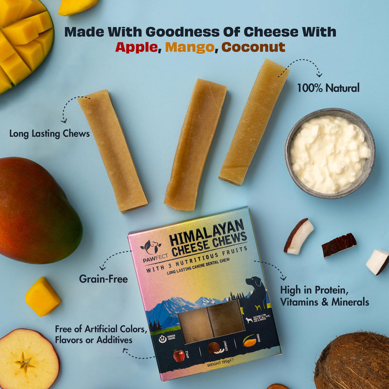Himalayan Cheese Chews for Dogs Multipack - Apple, Coconut, Mango Chews for Medium Dogs (6.08oz, Pack of 3) Long Lasting, All Natural | Grain-Free | Rawhide-Free | Protein Rich, Healthy Teeth & Bones Apple, Mango, Coconut 2.27 Ounce (Pack of 3) - PawsPlanet Australia
