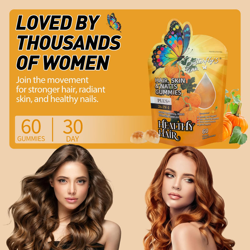 BUTTERFLY'S TEAR Hair Skin & Nails Gummies with Biotin 10000 mcg, Collagen Complex, Supports Healthy Hair，Hair Growth Support for Men & Women & Healthy Skin, Stronger Shiny Nails, (60 Count)