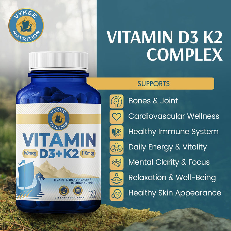 Vykee Nutrition High Potency Vitamin D3 K2 Complex | 140 mcg D3 Vitamin and 110mcg Vitamin K2 (MK-7,Supplement for Bone and Heart Support, Non-GMO, Gluten-Free, 120 Count