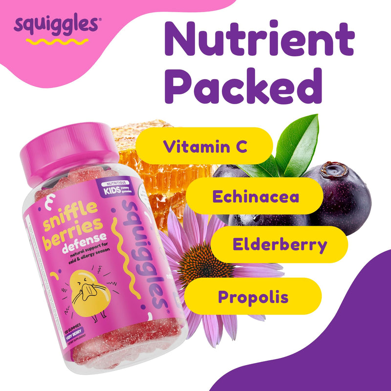 Squiggles Sniffle Berries Elderberry Gummies for Kids Immune Support, 100ct | Kids Immunity Gummies with Bee Propolis & Echinacea, Chewy Elderberry Kids Gummy Vitamins for Health, Toddler Immune Booster