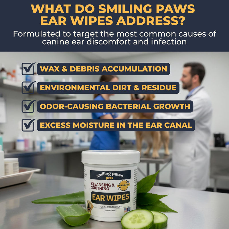 Smiling Paws Pets Ear Wipes for Dogs | Dog Ear Wipes Otic Cleanser for Dogs to Stop Ear Itching with Aloe and Eucalyptus Made in USA 100 Count