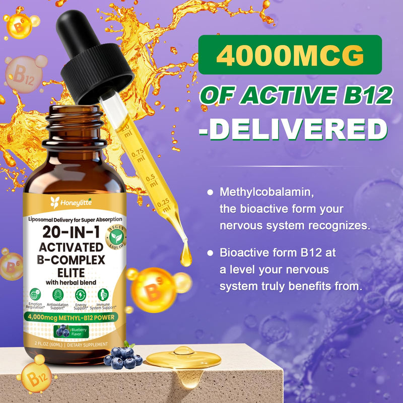Liquid B Complex with 4000mcg Methylcobalamin B12 – Ultra Absorbable Vitamin B Complex for Energy – Active B1 B2 B3 B5 B6 B12 + Folate – Vegan Friendly (2FL OZ) 2 Bottles 4 Fl Oz (Pack of 1)