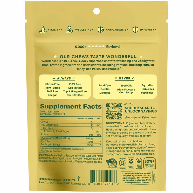 Plant People WonderBee Superfood Manuka Honey Chews, Lemon, 30 Count | Daily Wellness & Energy Support, Bee Pollen & Propolis, Gluten-Free Supplement Lemon - Immunity & Overall Wellness