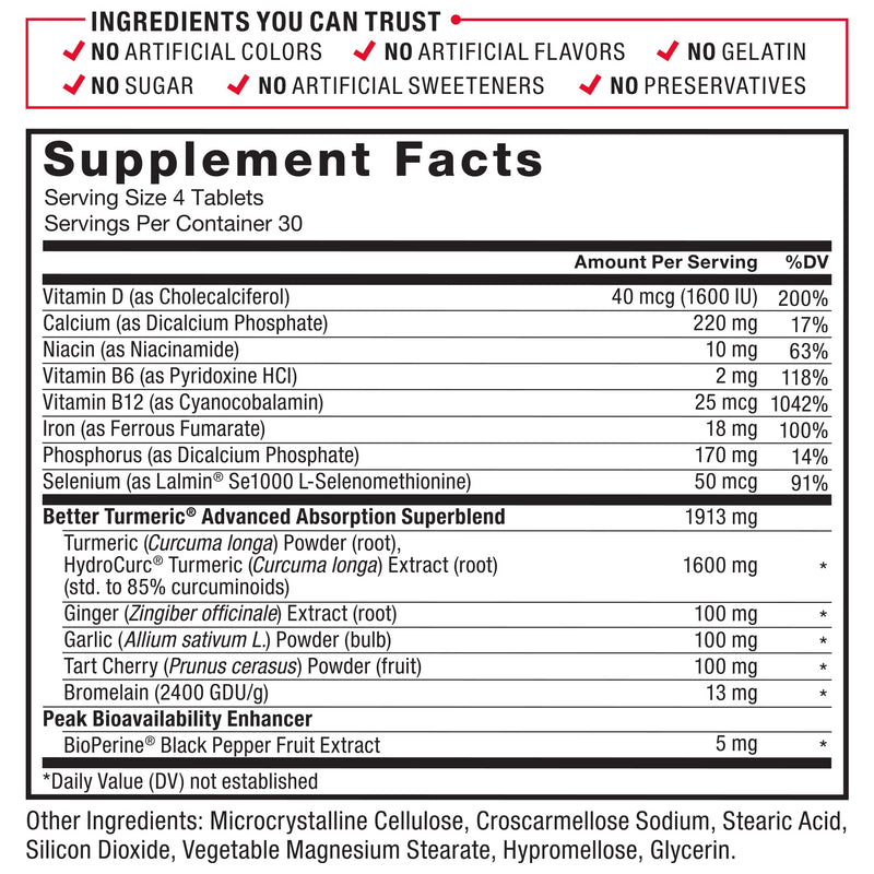 FORCE FACTOR Better Turmeric Joint Support Supplement Featuring HydroCurc Turmeric Curcumin with Black Pepper for Superior Absorption, Clinical Strength Joint Support, 120 Tablets, White Packaging 120 Count (Pack of 1) - BeesActive Australia