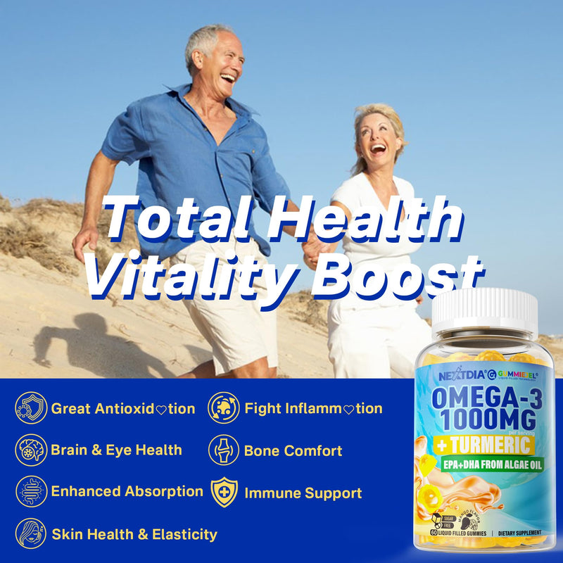 Vegan Omega-3 Gummies 1000mg + Turmeric - Omega 3 Fish Oil Alternative for Adults - Algae DHA 600mg & EPA 300mg, Vitamins A, C, E, Zinc & MSM, Sugar Free, 60 Cts 60 Count (Pack of 1) - BeesActive Australia