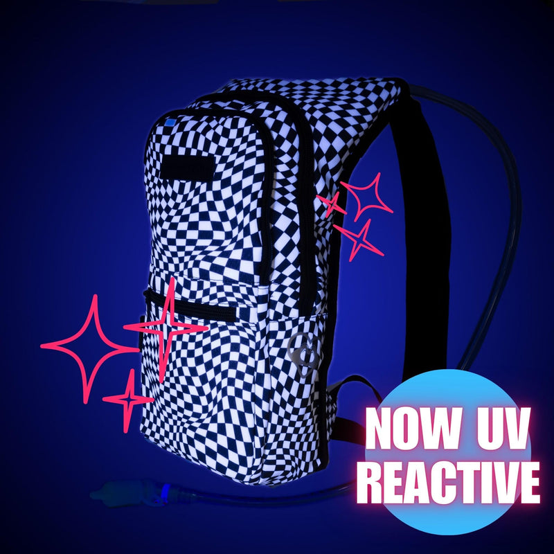 Kandies World Reflective Festival Hydration Pack - 2L Water Bladder for Raves, Hiking, Biking, Running, and More (with Anti-Theft Pocket) Checkered - BeesActive Australia