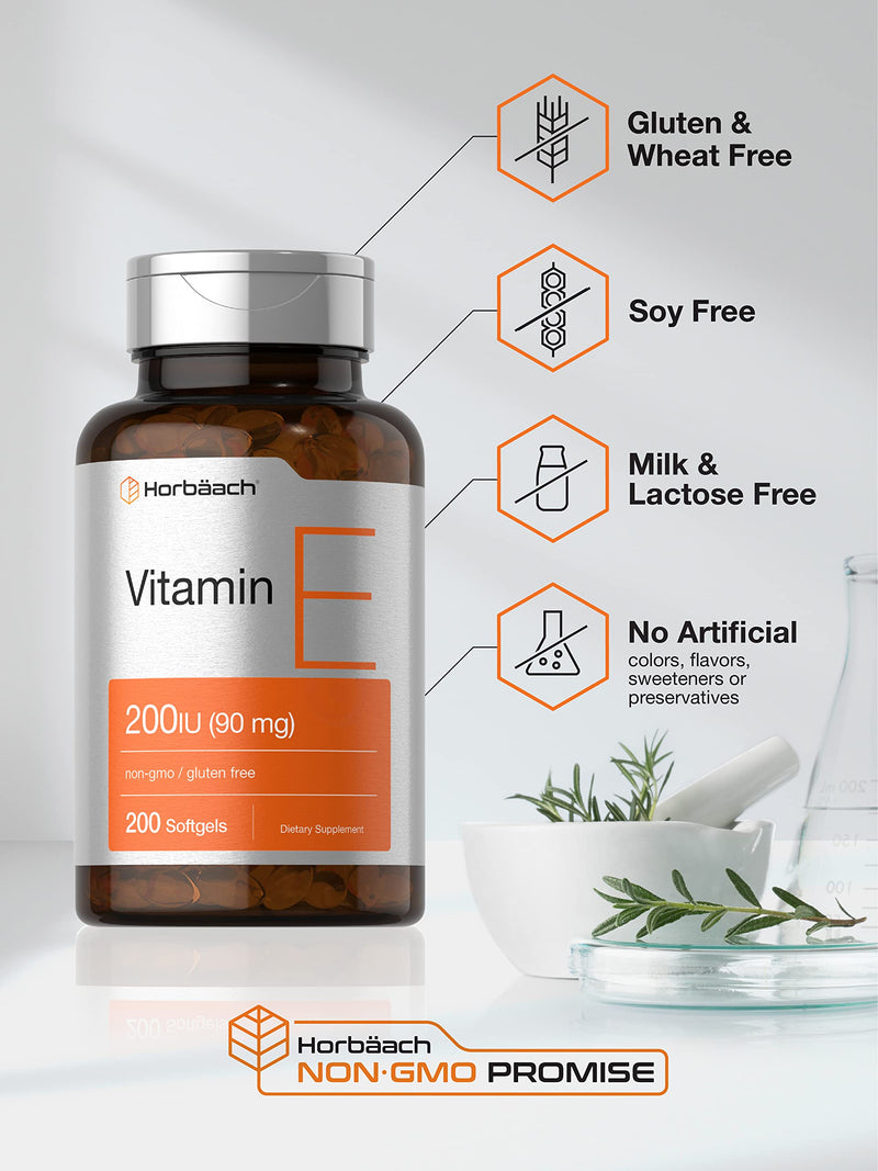 Horbäach Vitamin E Supplement | 200 IU (90 mg) | 200 Softgel Capsules | Non-GMO and Gluten Free Formula 200 Count (Pack of 1) - BeesActive Australia