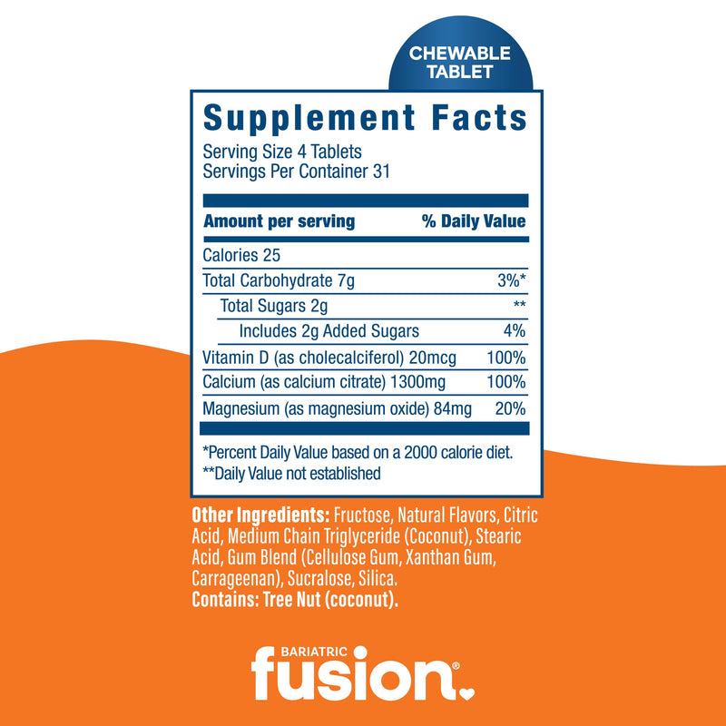 Bariatric Fusion Calcium Citrate Chewable Tablet | Orange Citrus Flavored | Chewable Calcium Citrate | Bone Health Support* | Gluten, Dairy and Soy Free | Non-GMO | 124 Count