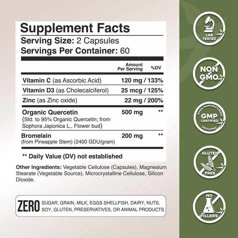 Gade Nutrition Organic Quercetin with Bromelain Vitamin C and Zinc | Immune Support Supplement Quercetin 500mg Capsules | Bioflavonoids Made in USA Third Party Tested | 4 Months Supply 120 Count (Pack of 2)