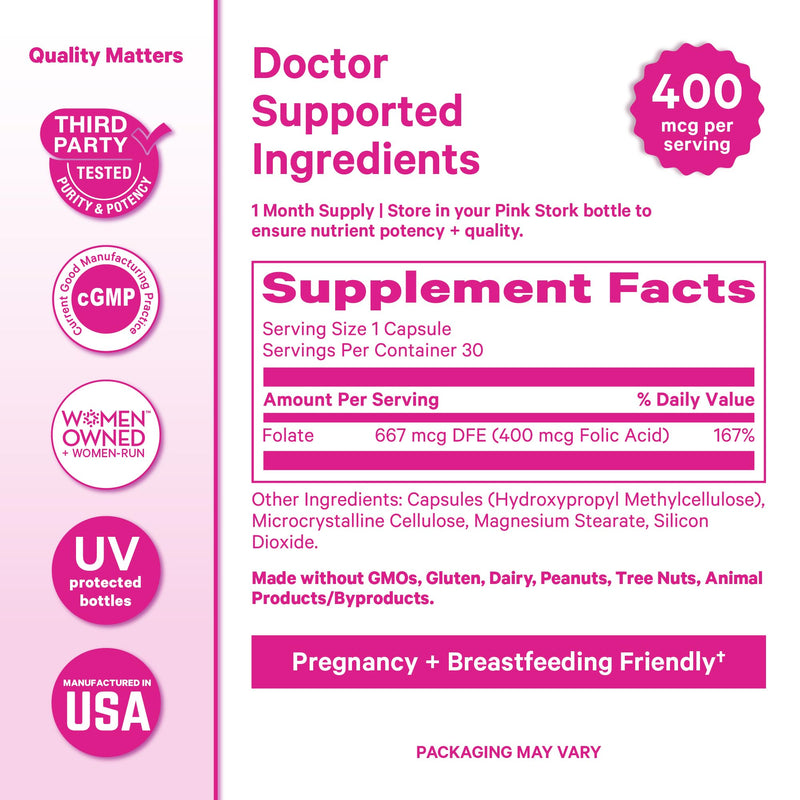 Pink Stork Folic Acid Supplement for Women – 400mcg, Daily Vitamin B9 for Prenatal & Fertility Support, Supports Red Blood Cell Formation & Energy – 30 Vegetarian Capsules - BeesActive Australia