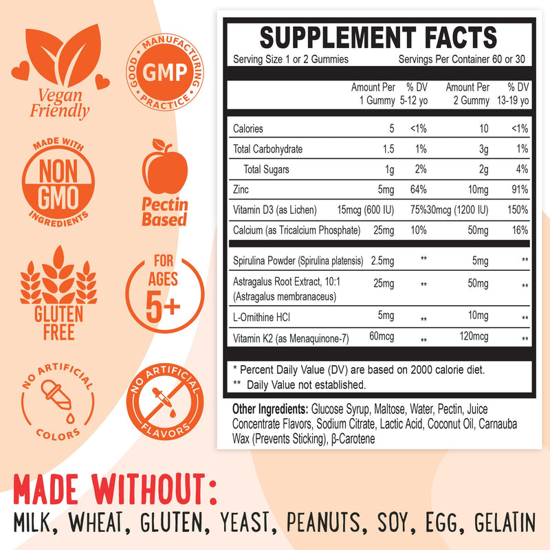 Fluffy Height Growth Vitamin Gummies for Kids & Teens - Grow Taller | Growing Up and Teeth & Bones Support, Calcium, Zinc, Vitamin D3, K2, Spirulina and Astragalus - Peach & Mango