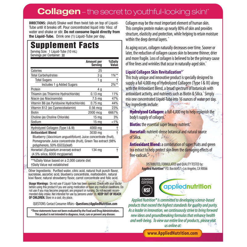 Applied Nutrition Liquid Collagen Skin Revitalization Beauty Drink | Healthy-Looking Skin | 4,000 mg Collagen + Biotin + Silica | Strawberry Kiwi Flavor Collagen Drink | 30 Liquid Tubes 30 Count (Pack of 1)