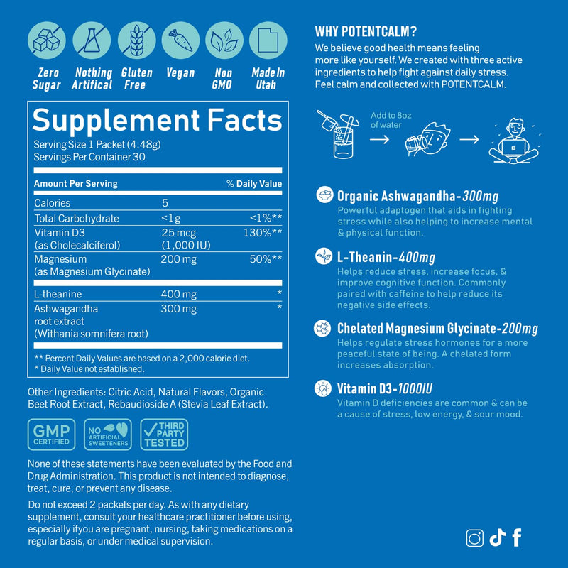 PotentCalm Super Cortisol Drink, Magnesium Glycinate Powder, L-theanine, Ashwagandha, Vitamin D, No Sugar, Raspberry Lemonade Electrolytes Powder - 30 Servings