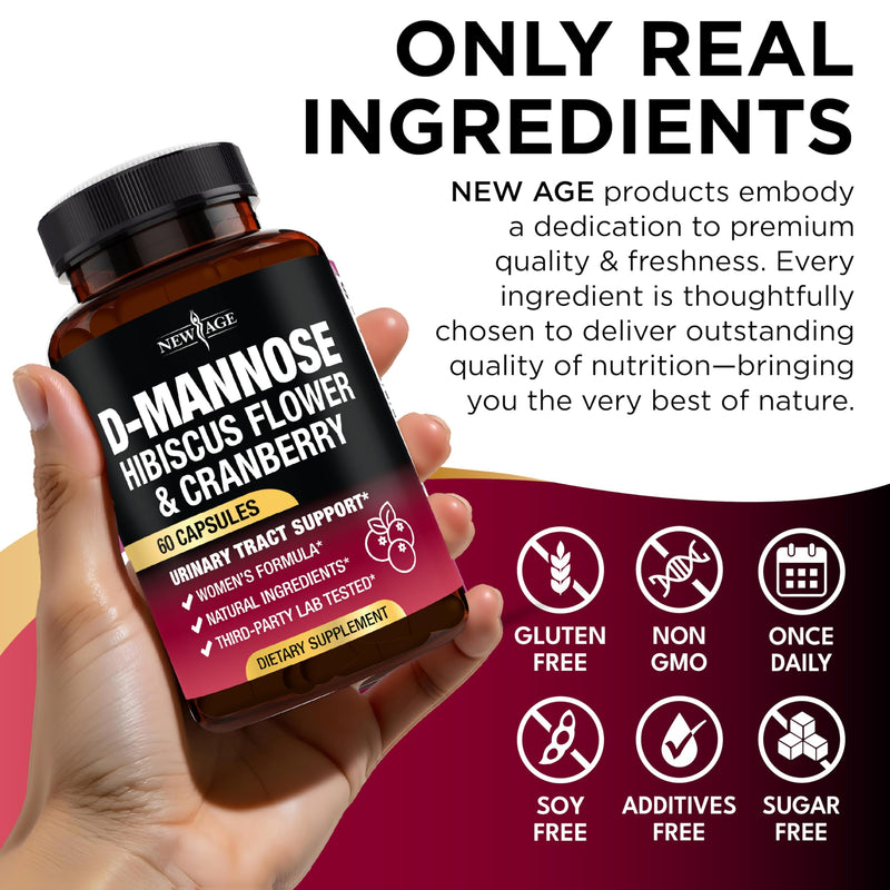 NEW AGE D-Mannose with Cranberry & Hibiscus - High Strength for Urinary Tract Health - Supplement for Women - Bladder, Liver & Microflora Support - Made in USA - Vegan, 120 Capsules 60 Count (Pack of 2) - BeesActive Australia
