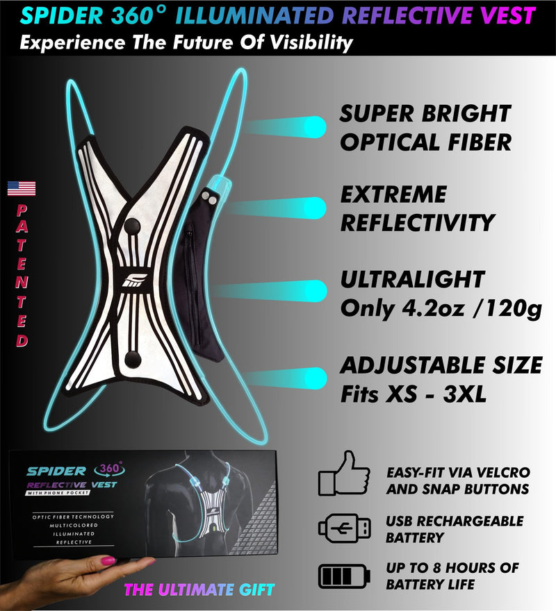SPIDER Reflective Lighted Running Vest - Optic Fiber Technology, Bright, 360° Visible, Ultralight, Phone Pocket, Fully Adjustable Size XS-3XL - Reflective Running Gear for Safe Night Sports & Walking Standard size (XS-3XL)