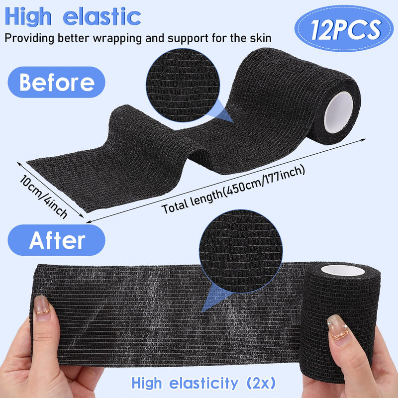 NANASO 12PCS Self Adhesive Bandage Wrap,4" x 5 Yards Elastic Adhesive Tape for Sports,Self Adherent Wrap for Pet,Breathable Cohesive Bandage for Wrist Ankle Knee Leg First Aid Sprains Swelling-Black - BeesActive Australia