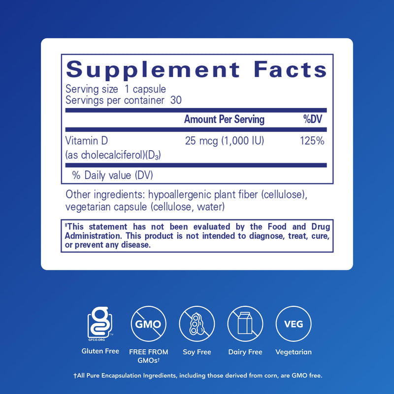 Pure Encapsulations Vitamin D3 25 mcg (1,000 IU), 30 Capsules | Supplement to Support Bone, Joint, Breast, Heart, Colon and Immune Health*, with Premium Vitamin D 30 Count (Pack of 1)