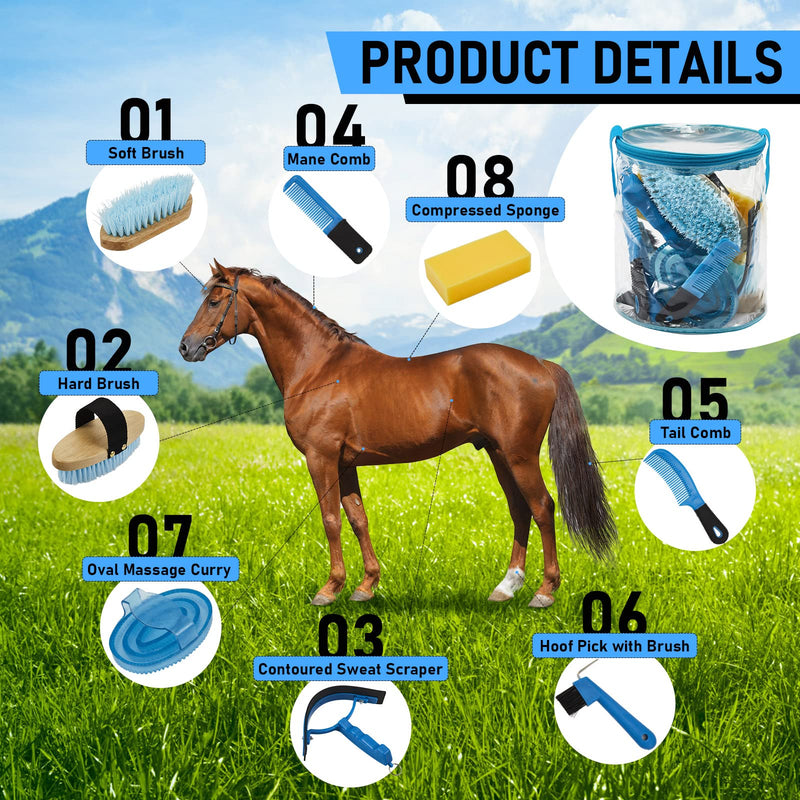 9 Pieces Horse Grooming Kit Tack Room Supplies Set with Organizer Tote Bag, Oval Massage Curry, Hard and Soft Brush, Hoof Pick, Sweat Scraper, Bathing Sponge, Combs for Horse Riders Beginners (Blue) Blue - BeesActive Australia