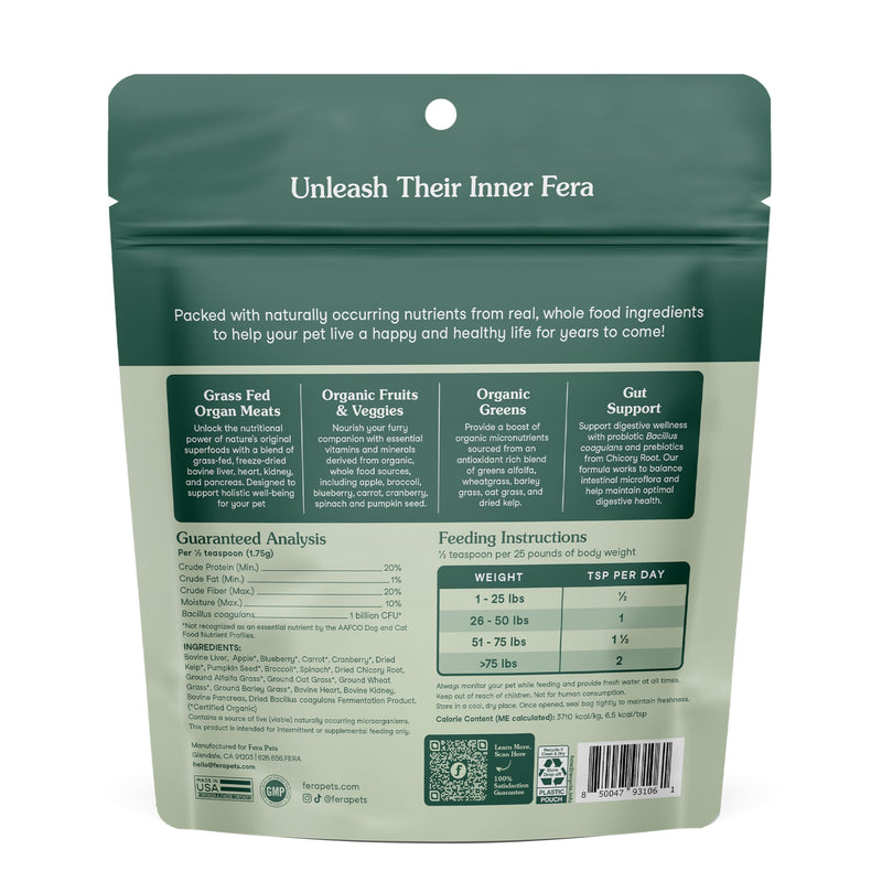 Fera Pets Whole Food Multivitamin Cat & Dog Food Topper with Probiotics, Antioxidants, & Essential Dog Vitamins & Minerals - Nutrients from Fruits, Vegetables, & Organ Meats - 3.7 oz
