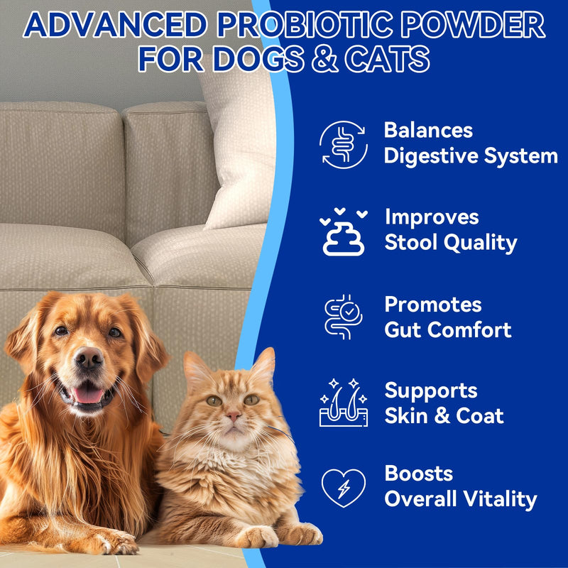 Probiotic Powder for Dogs and Cats - 5-in-1 Formula Supports Gut Health, Digestion and Immune System - with Digestive Enzymes and Pumpkin - Natural Chicken Flavor, 150g