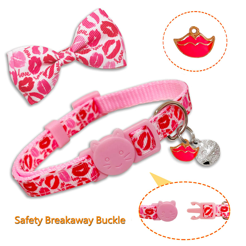 Valentine Bow Tie Cat Collar Set with Bell, Holiday Red Heart and Pink Kiss Cat Collar for Boys and Girls Kitty Kittens Pattern 2 - BeesActive Australia