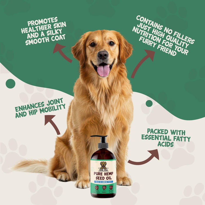 True Dog Pure Hemp Oil (500ml) Dog Food Topper with Vitamins and Omega 3 for Dogs in Pump Dispenser, Supports Healthy Coat, Joints & Anxiety, For All Breeds and Sizes - Natural Pet Supplements 500ml