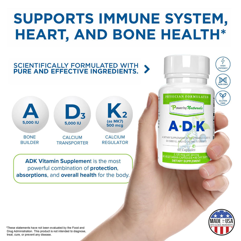 Power By Naturals ADK Vitamin Supplement - Vitamins A, D3 & K2 MK-7 | Vitamins D3 5000 IU & K2 MK-7 for Bone Health & Immune Support - Calcium Absorption - Gluten-Free, Soy-Free - 60ct (2-Month) 1