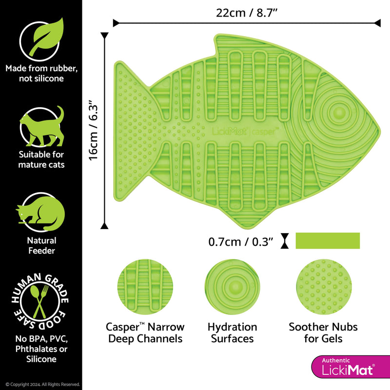 LickiMat Casper, Fish-Shaped Cat Slow Feeders Lick Mat, Boredom Anxiety Reducer; Perfect for Food, Treats, Yogurt, or Peanut Butter. Fun Alternative to a Slow Feed Cat Bowl or Dish, Green 1 Count (Pack of 1) - BeesActive Australia