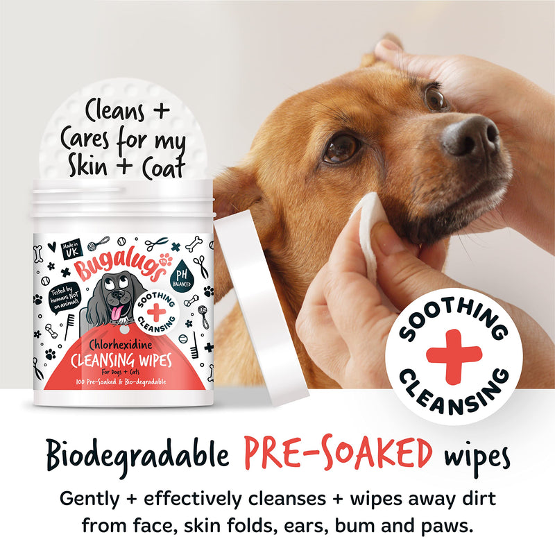 BUGALUGS Dog Wipes for pawly skin - 100 Biodegradable dog grooming pet wipes. Use as Dog ear wipes, dog eye wipes, dog face wipes, Paw & Bum wipes for puppy, dogs & cat grooming