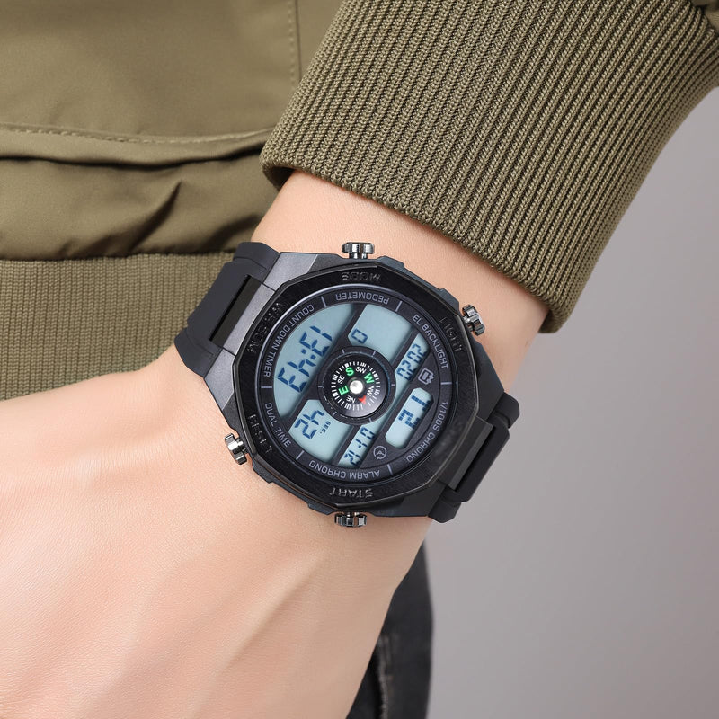 TOOCAT Multifunctional Outdoor Wristwatch (Unisex), 50m Water-Resistant Digital Watch with Step and Calorie Tracking, No Phone Connection Required, No Charging Needed (Black/White) - BeesActive Australia