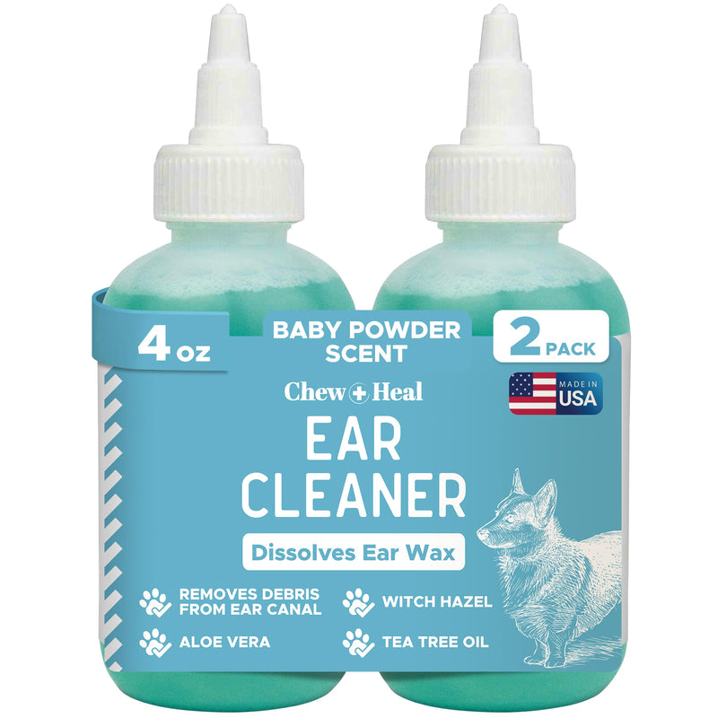 Chew + Heal Dog Ear Cleaner Solution - 4 oz Droppers (2 Pack) - Pet Ear Wash Drops for Preventing Infection and Removing Debris - Soothing Aloe, Witch Hazel, and Tea Tree Oil