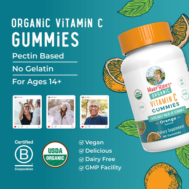 MARYRUTH'S USDA Organic Vitamin C Gummies, Antioxidant, Non-GMO, 60 Count | Vegan Chewable for Ages 14+, Immune Support & Overall Wellness, Gluten Free Adults