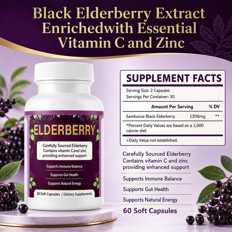 Elderberry Capsules with Vitamin C & Zinc, 1200mg Black Elderberry Extract | Vegan, Non-GMO, 60 Capsules, Supplement for Daily Wellness, Antioxidant & Digestive Support