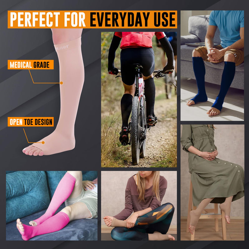 Doc Miller, Open Toe Compression Socks, 8-15 mmHg, Toeless, Support Circulation, Shin Splints, Calf Recovery, Varicose, Knee High, Medical Grade, Skin/Nude Socks, Large Size for Men & Women, Pair - BeesActive Australia