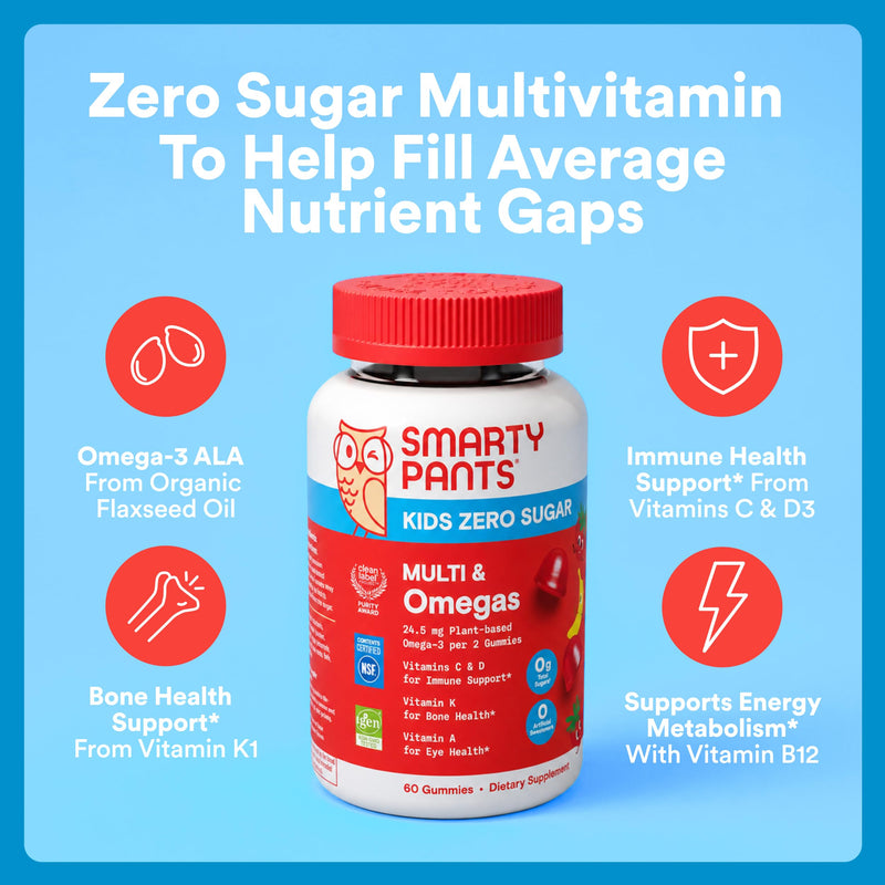 SmartyPants Kids Zero Sugar Multi & Omegas Multivitamin Gummies with Omega 3 ALA, Vitamins D, C, A, Plant-Based, Clean Label, No Sugar Alcohols, Strawberry Banana Flavor, 60 Gummies (30 Day Supply) 60 Count (Pack of 1)