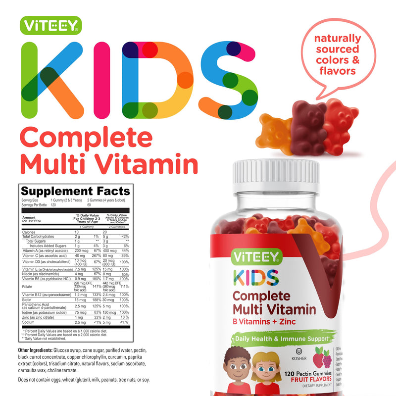 Viteey Kids Multivitamin Gummies, Complete Daily Essential Kids Vitamins | Great for Immune Support & Overall Health - 12 Essential Minerals & Vitamins - Vegetarian, Gelatin Free- Fruit Flavor Gummy 120 Count (Pack of 1)