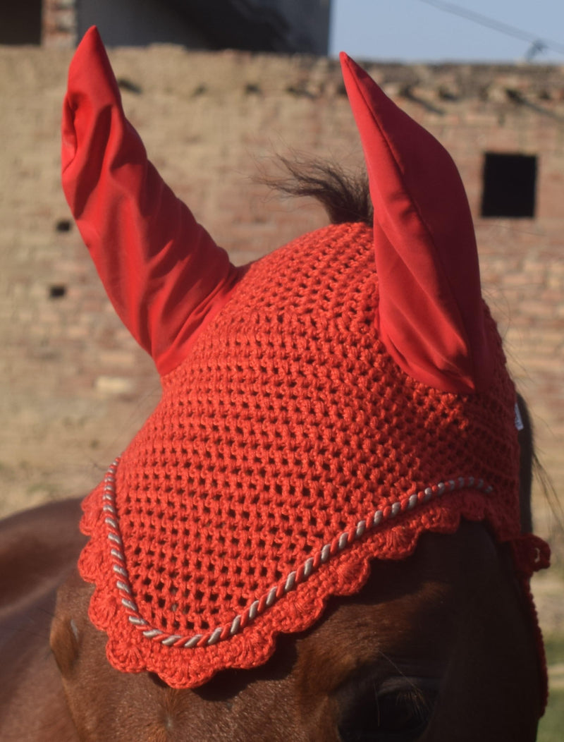Horse Ear Bonnet Ear Net Hat Fly Bonnet Hood Mask Fly Veil Full Hand Made Cotton (Horse/Full, RED) Horse / Full - BeesActive Australia