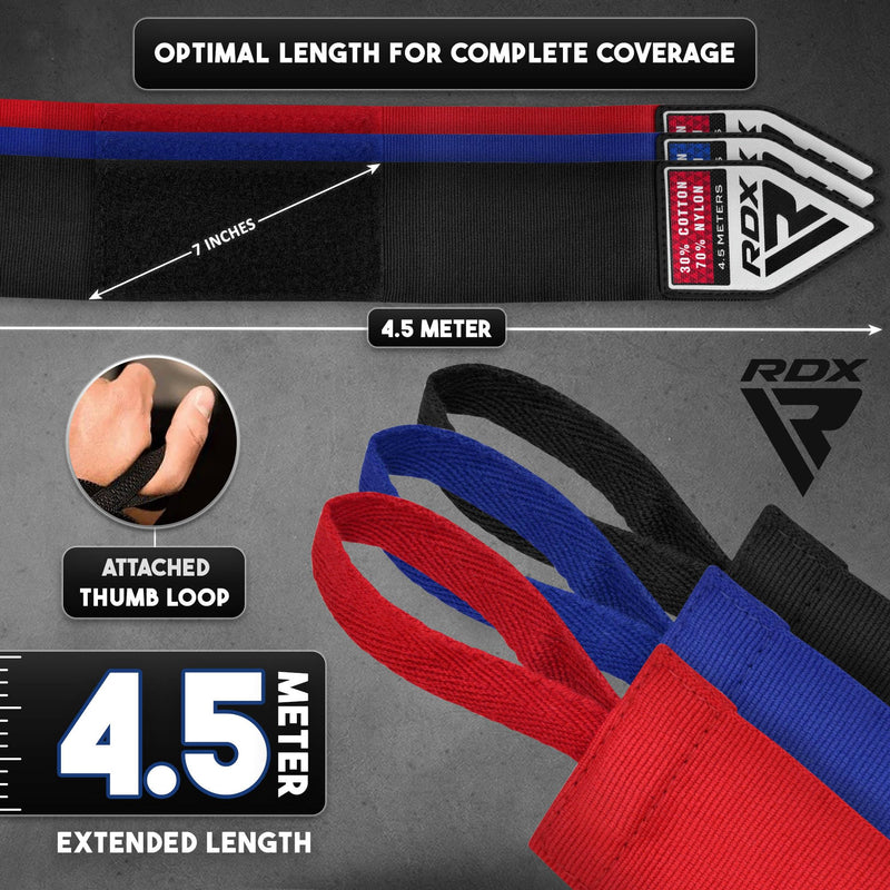 RDX Boxing Hand Wraps, Pack of 3 Pairs Bundle, 4.5 Meter Elasticated Inner Gloves, Muay Thai MMA Kickboxing Punching Martial Arts Strength Training Workout Combat Sports Home Gym Fitness Accessories Multicolor