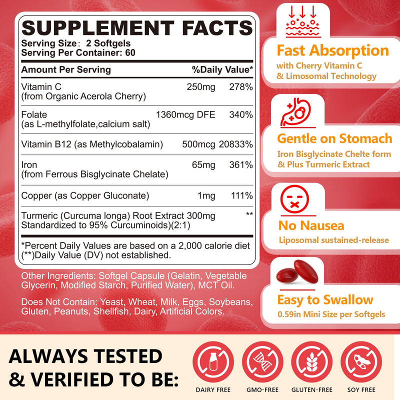 Liposomal Iron Supplement for Women, Iron Bisglycinate 65mg - High Absorption, Gentle on Stomach, No Constipation - with Vitamin C, Methylfolate, B12 - Iron Level & Energy Support - 120 Softgels