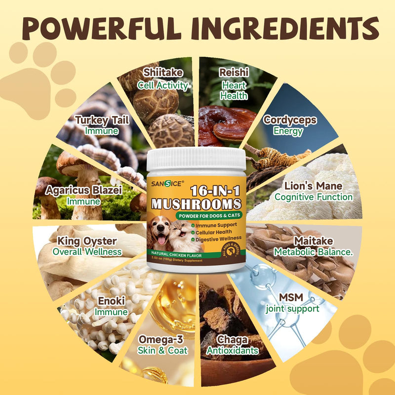Mushroom for Dogs & Cats Lumps & Bumps, Turkey Tail Mushroom for Dog with MSM for Joint Health, 16 in 1 Dog Mushroom Powder with Reishi, Lion’s Mane-Immune, Cognitive, Digestive, Liver Health & Skin