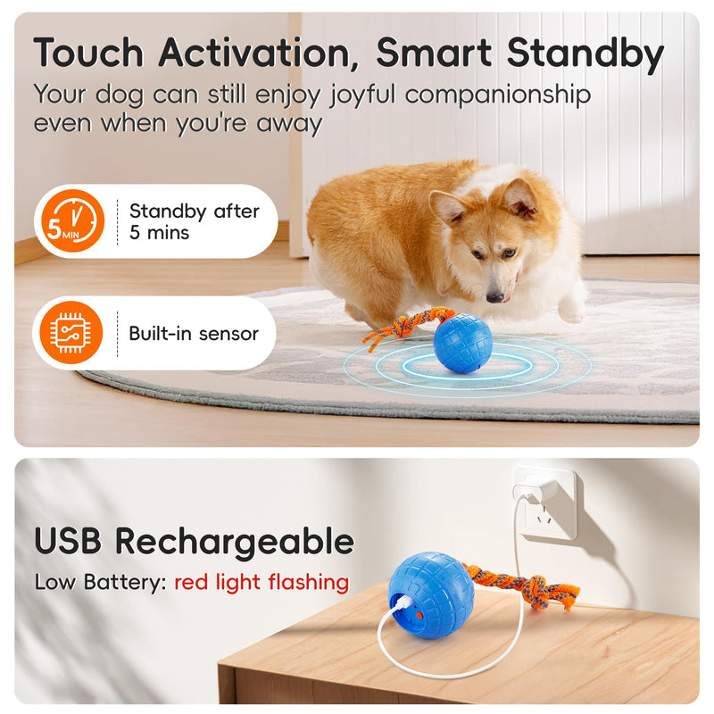 Potaroma Interactive Dog Ball Toys Touch Activated, Rechargeable Animal Sound Dog Toy, Durable Moving Ball for Pup with Chewing Rope for Dogs Puppy, Blue - BeesActive Australia