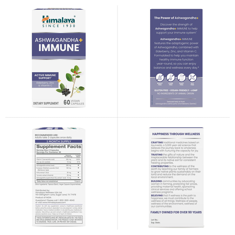 Himalaya Ashwagandha + Immune Herbal Supplement, 960 mg, 60 Capsules | Herbal Immune Support Supplement with Vitamin C, Zinc, Elderberry & Amla for Immunity - Vegan, Non-GMO, Gluten Free Ashwagandha+ Immune