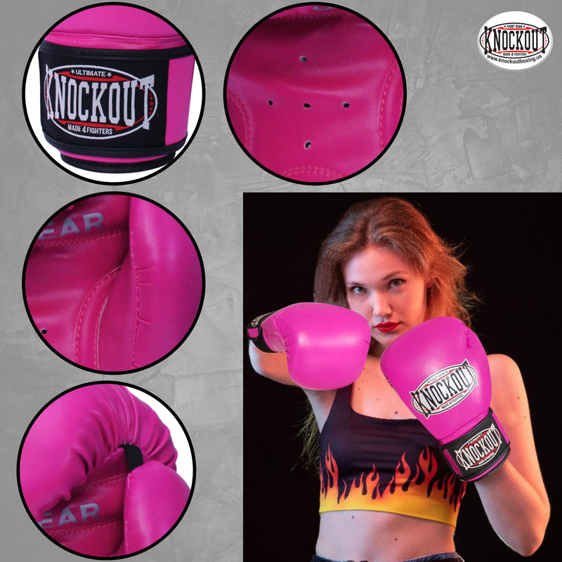 Knockout Gel Boxing Gloves for Men Women - Pro Training Sparring, Maya Hide Leather Muay Thai MMA Kickboxing, Adults-Kids Heavy Bag Workout Gloves for Boxing -Ultra-Wide Wrist Support 10 oz - 16 oz Pink