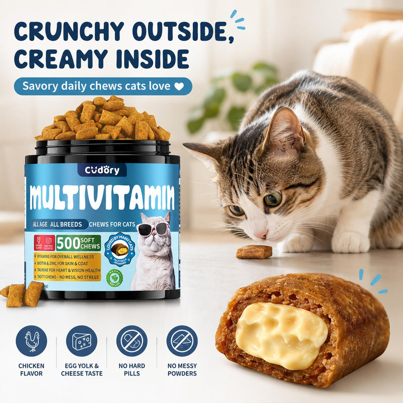Taurine for Cats Vitamins Treats Snacks –15 in 1 Cat Multivitamin 500 Chews – Supports Immune, Joints, Digestion, Skin & Coat – Daily Healthy Supplement for Cats of All Ages (90-Day Supply)