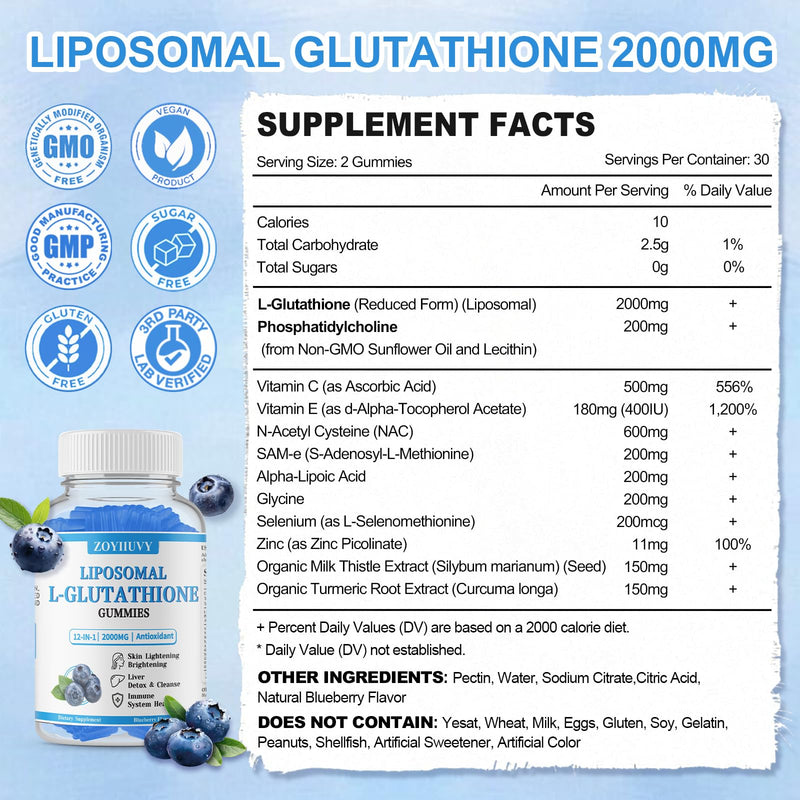 2Pack Liposomal Glutathione Gummies 2000mg,Skin Health,Liver Detox & Immune | High Absorption Glutathione Supplement with NAC, Vitamin C, Milk Thistle, Antioxidant, Vegan, Sugar Free, Blueberry Flavor 60 Count (Pack of 2)