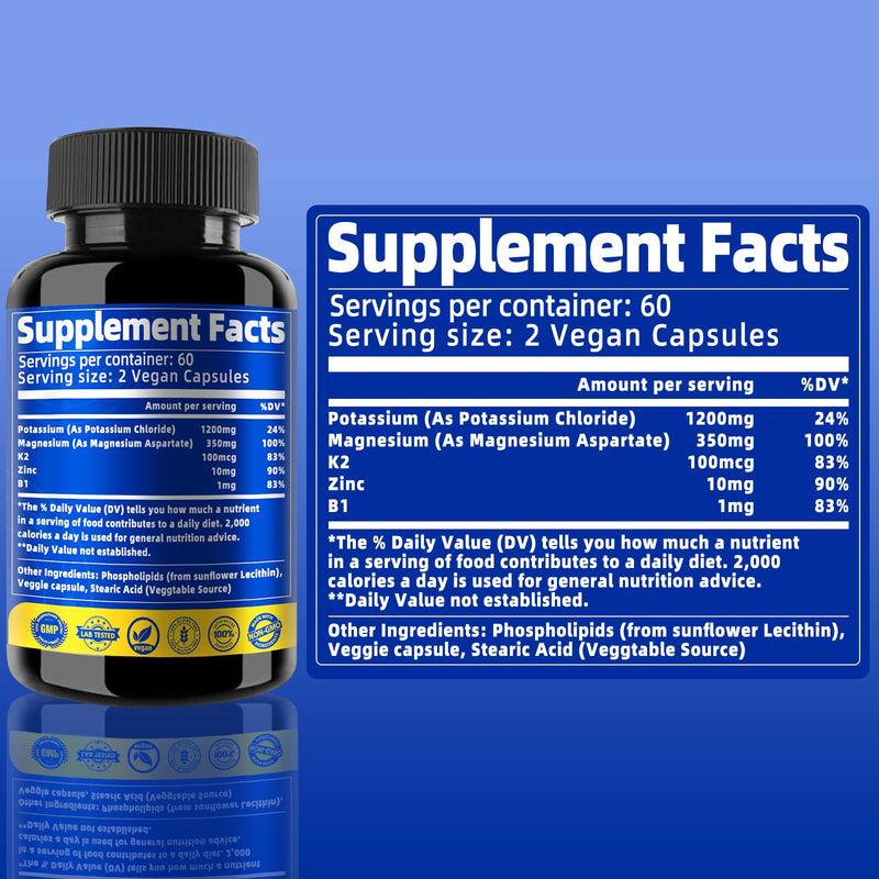 Potassium Magnesium Supplement, Non-GMO, Vegan, (120 Capsules, 1 Pack) | 1600mg Liposomal Magnesium Aspartate, Potassium Chloride, with Zinc, K2, B1 for Leg Cramps, Support Vascular, Bone and Heart