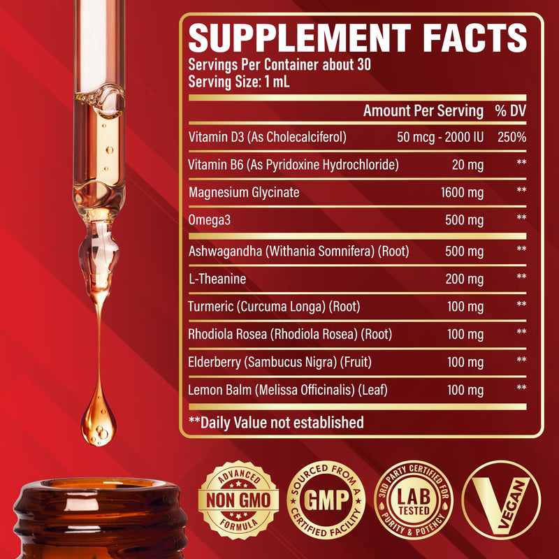 10in1 Magnesium Glycinate Liquid Drops – Magnesium Complex Supplement with Omega3, Vitamin D3, Vitamin B6, Ashwagandha and More - Supports Overall Wellness - 1 FL Oz - 1 Month Supply