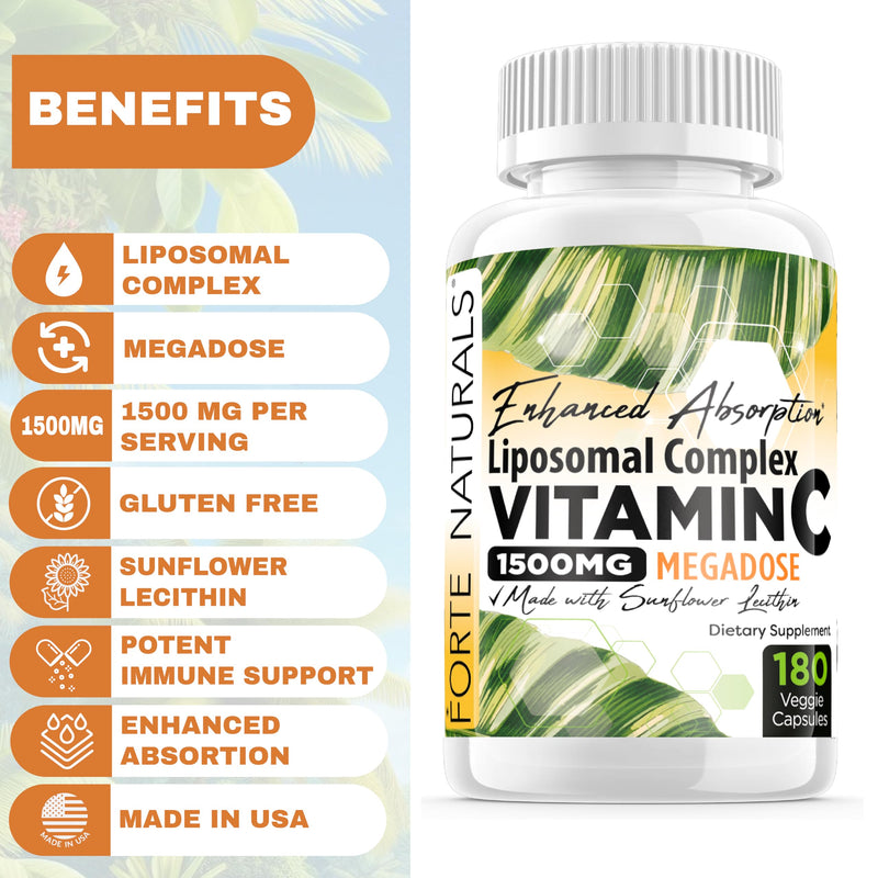 High Dose Vitamin C 1500mg Liposomal C Complex Supplement with Sunflower Lecithin Capsules Supplements Clogged Milk Sunflower Lecithin 180 Capsules Celebration Vitamins