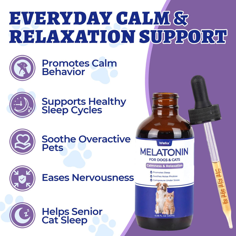 Wellix 4oz Larger Volume Melatonin for Dogs&Cats – Liquid Melatonin Drops, Sleep Aid, Dog Calming for Hyper Dogs, Cat & Dog Sedative for Grooming, Stress Relief, Bacon Flavor